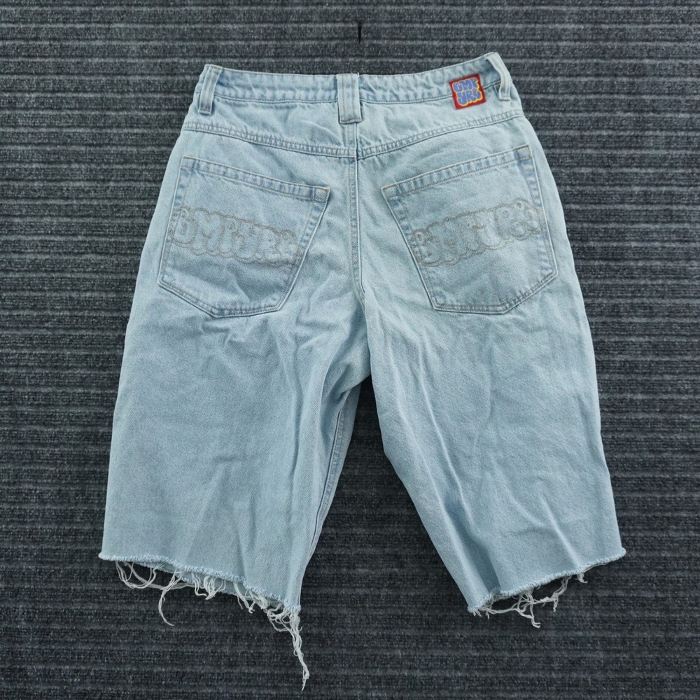 Empyre Denim Shorts Mens 28 Light Blue Baggy Raw Hem Embroidered Skate Jorts - Picture 2 of 15